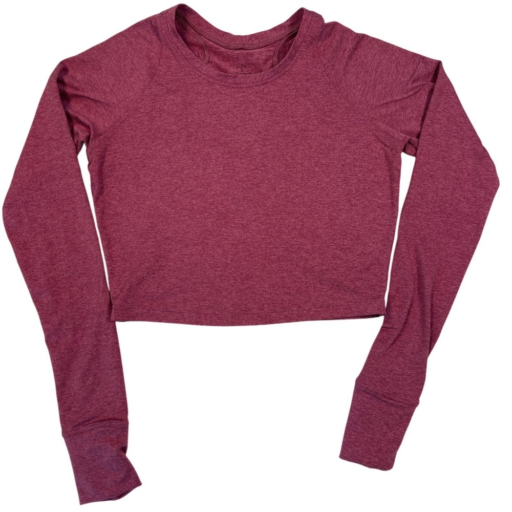 FLEO Womens Long Sleeve Crop Top Maroon Heather Thumbhole Athletic Shirt Small